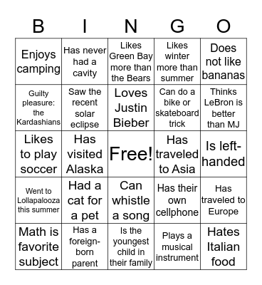 Getting To Know You Bingo Card