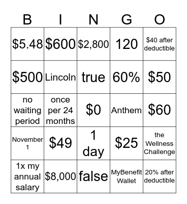 BENEFITS BINGO Card