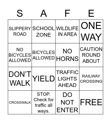 Road and Traffic Symbols Bingo Card