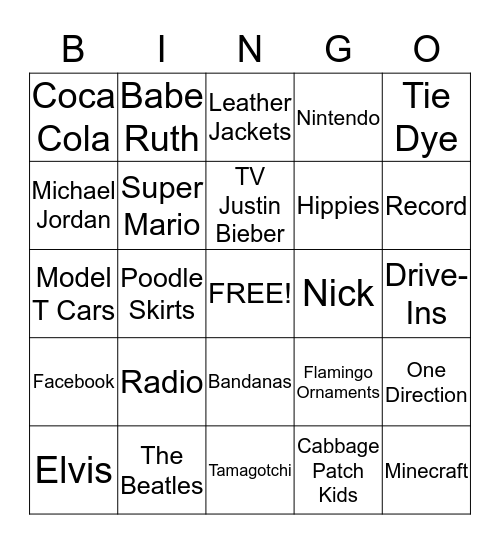 Decade Bingo Card