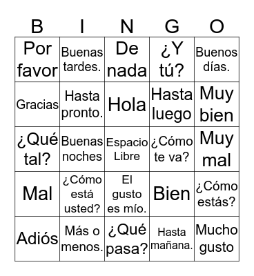 Spanish Greetings Bingo Card