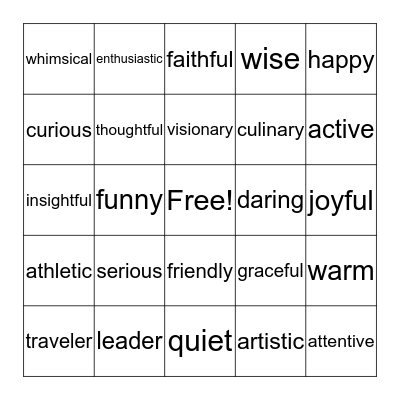 Affirming Qualities Bingo Card