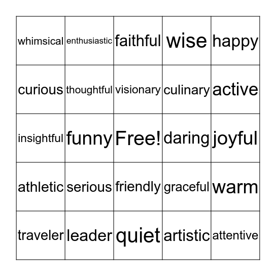 Affirming Qualities Bingo Card