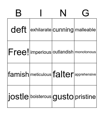 Vocabulary Bingo Card