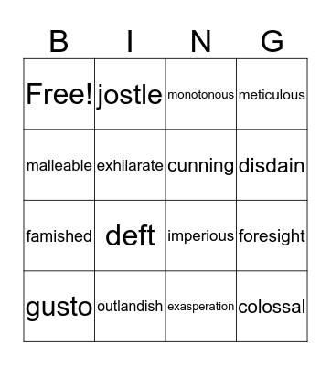 Vocabulary Bingo Card