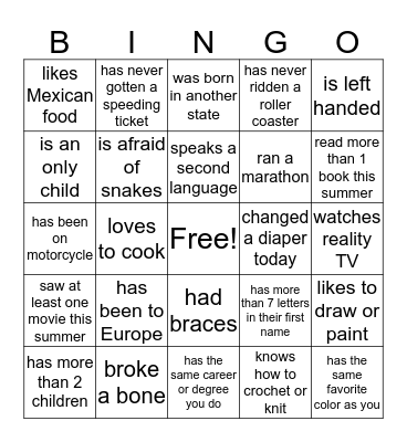 Find Someone Who Bingo Card