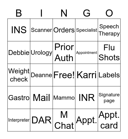 Front desk/ SS Bingo Card