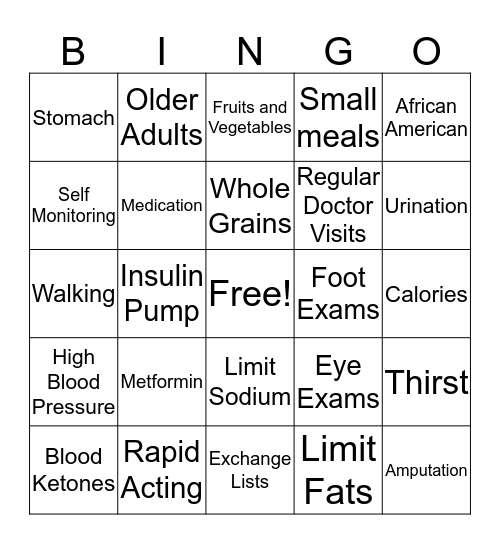 Diabetes Bingo Card