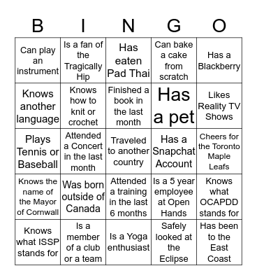 Open Hands BINGO Card