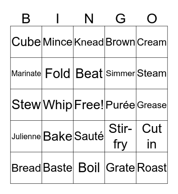 COOKING TERMS BINGO Card