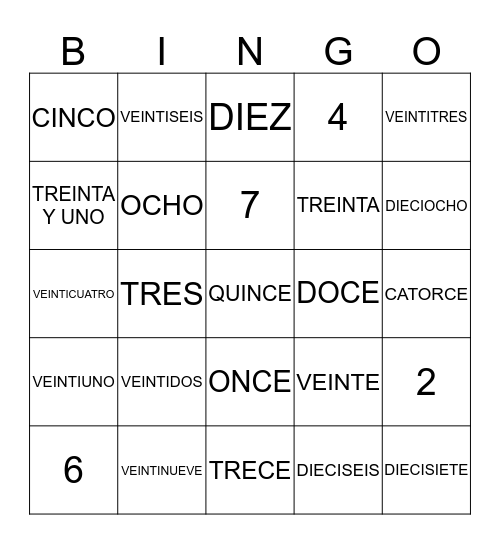 NUMEROS HASTA 31 Bingo Card