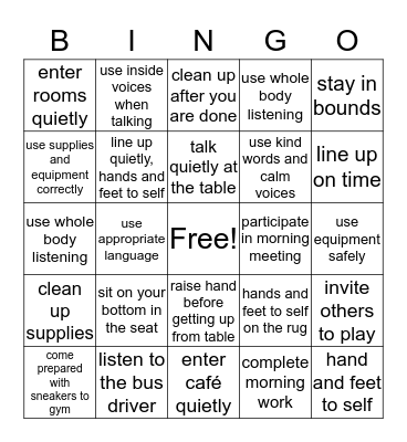 Expected Behavior Bingo Card