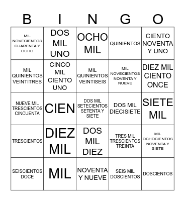NUMEROS HASTA 10,000 Bingo Card