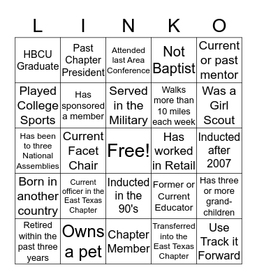 Linking with Friends Bingo Card