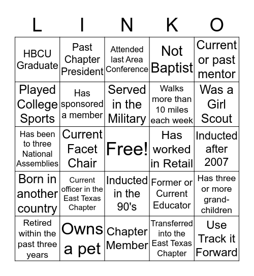 Linking with Friends Bingo Card