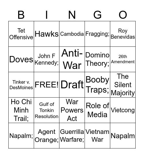 Vietnam War Bingo Card