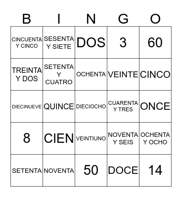 NUMEROS HASTA 100 Bingo Card