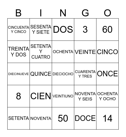 NUMEROS HASTA 100 Bingo Card