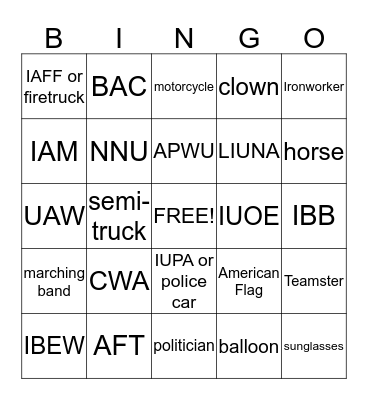 Labor Day Parade Bingo Card