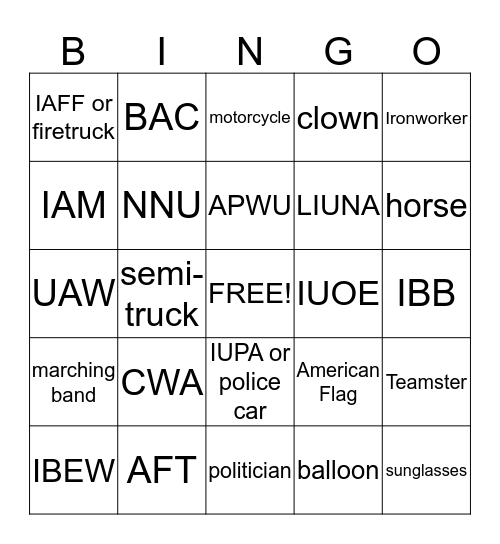 Labor Day Parade Bingo Card