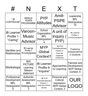 NEXT SCHOOL Bingo Card