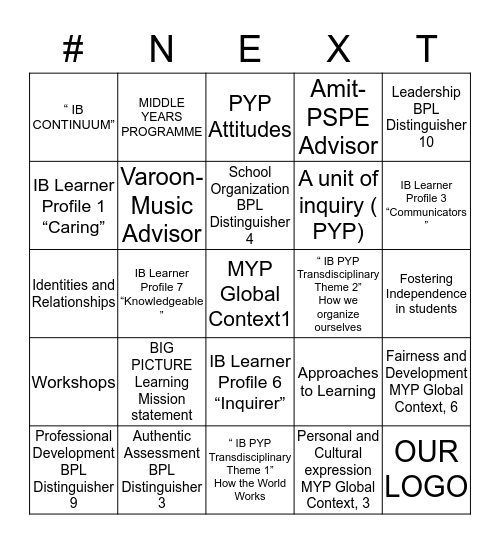 NEXT SCHOOL Bingo Card