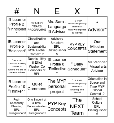 NEXT SCHOOL Bingo Card