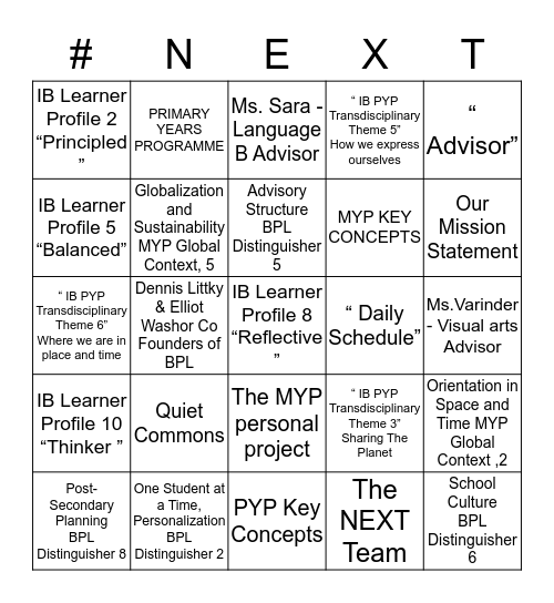 NEXT SCHOOL Bingo Card