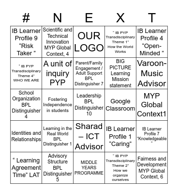 NEXT SCHOOL Bingo Card