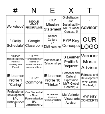 NEXT SCHOOL Bingo Card