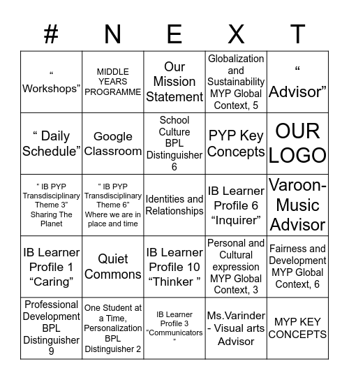 NEXT SCHOOL Bingo Card