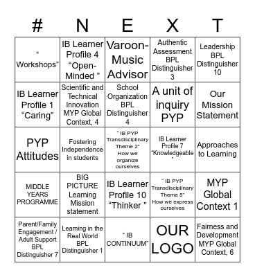 NEXT SCHOOL Bingo Card