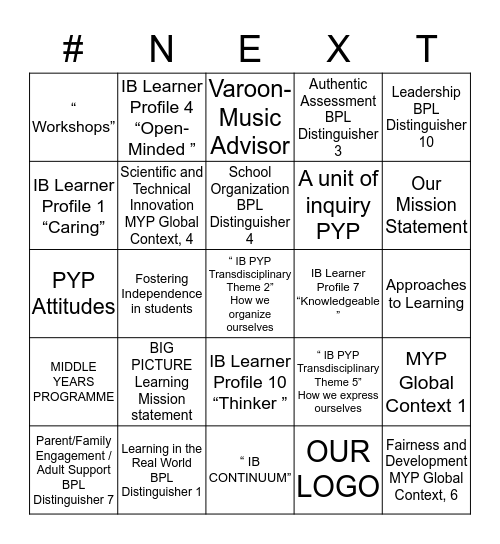 NEXT SCHOOL Bingo Card