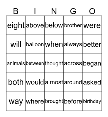 My Key Words Bingo Card