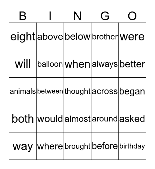 My Key Words Bingo Card