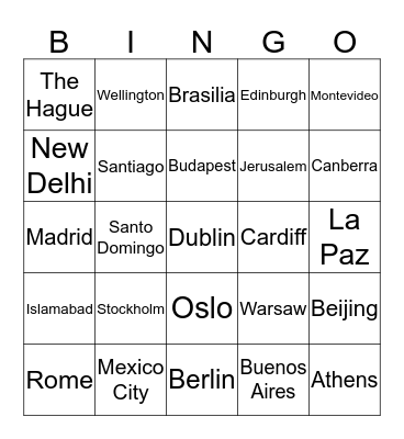 World Capitals Bingo Card