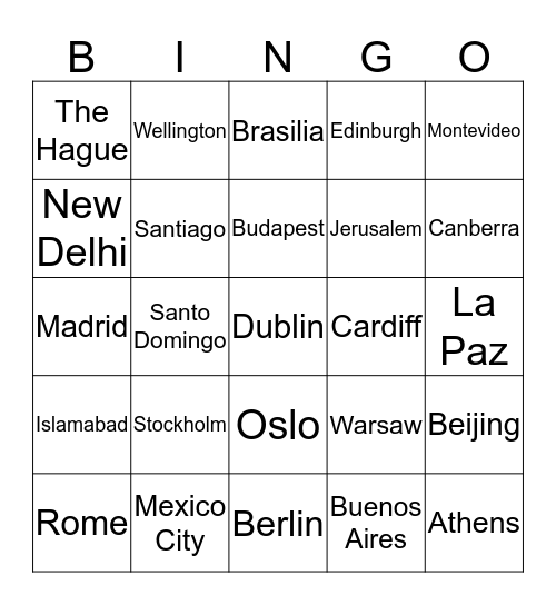 World Capitals Bingo Card