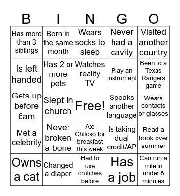 Who do you know?  Bingo Card