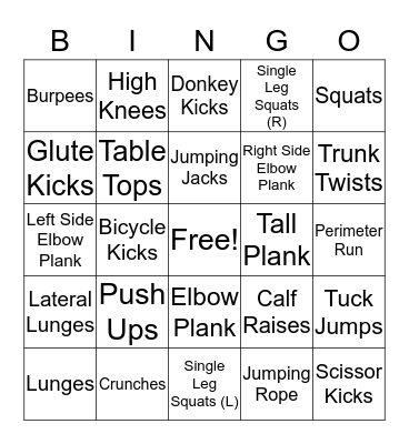 Fitness Bingo Card