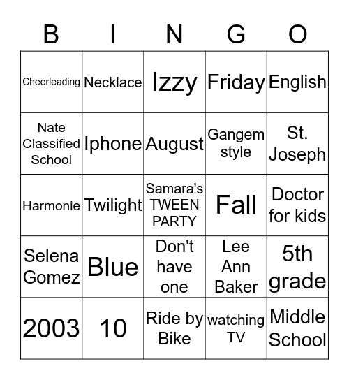 Samara's Tween Birthday Bingo Card