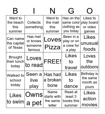 Card A Bingo Card