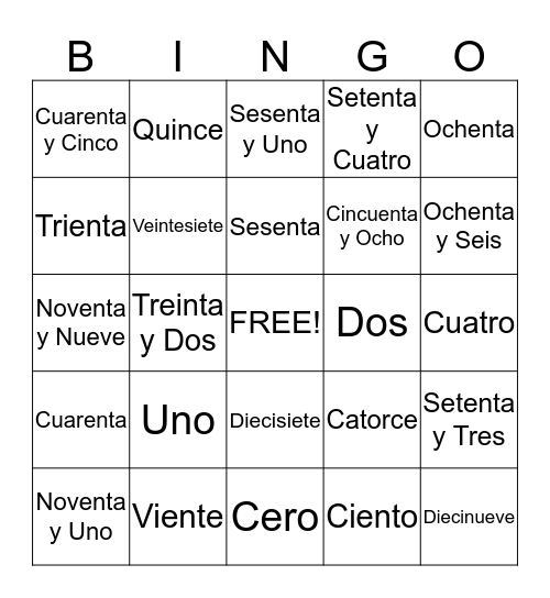 Spanish Numbers Bingo Card