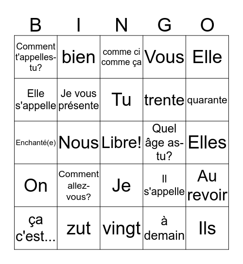 French 1 Bien Dit Ch. 1Vocabulaire/Grammaire 1 Bingo Card