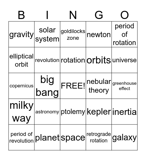 EXPLORING THE UNIVERSE Bingo Card