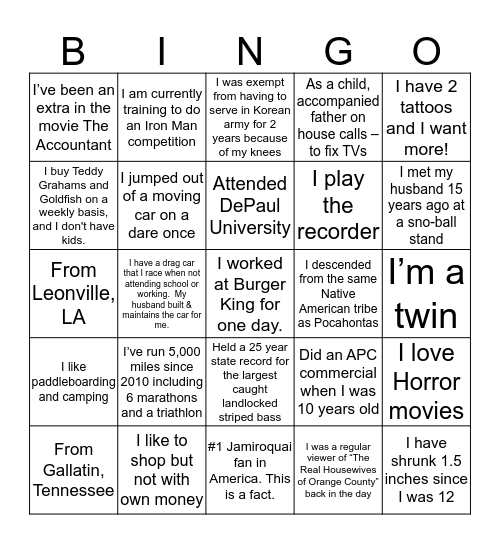 Fun Fact Bingo Card