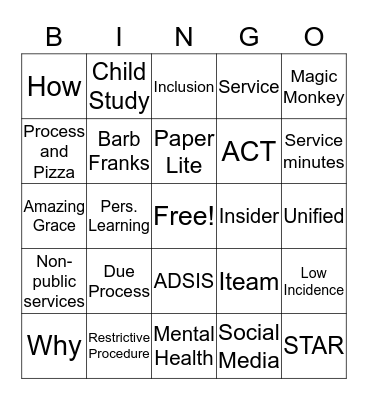 Specialized Services Bingo Card