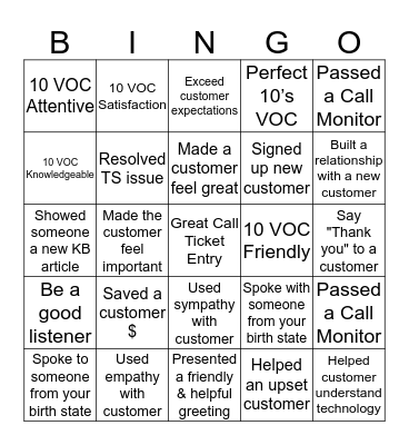 Customer Bingo Card