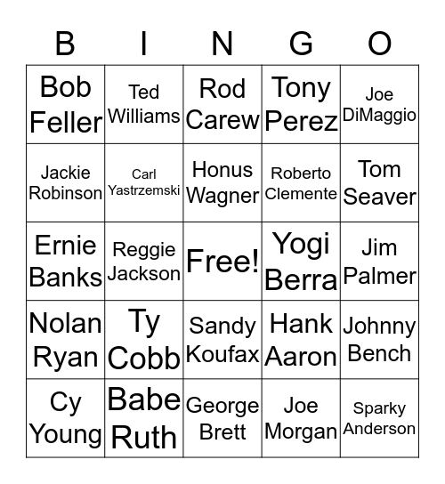 Baseball Hall of Famers Bingo Card