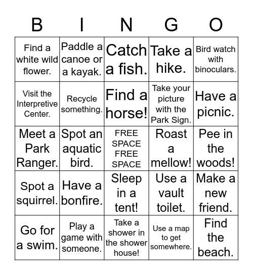 Family Camping Bingo Card