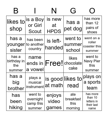 Welcome Back Bingo Card